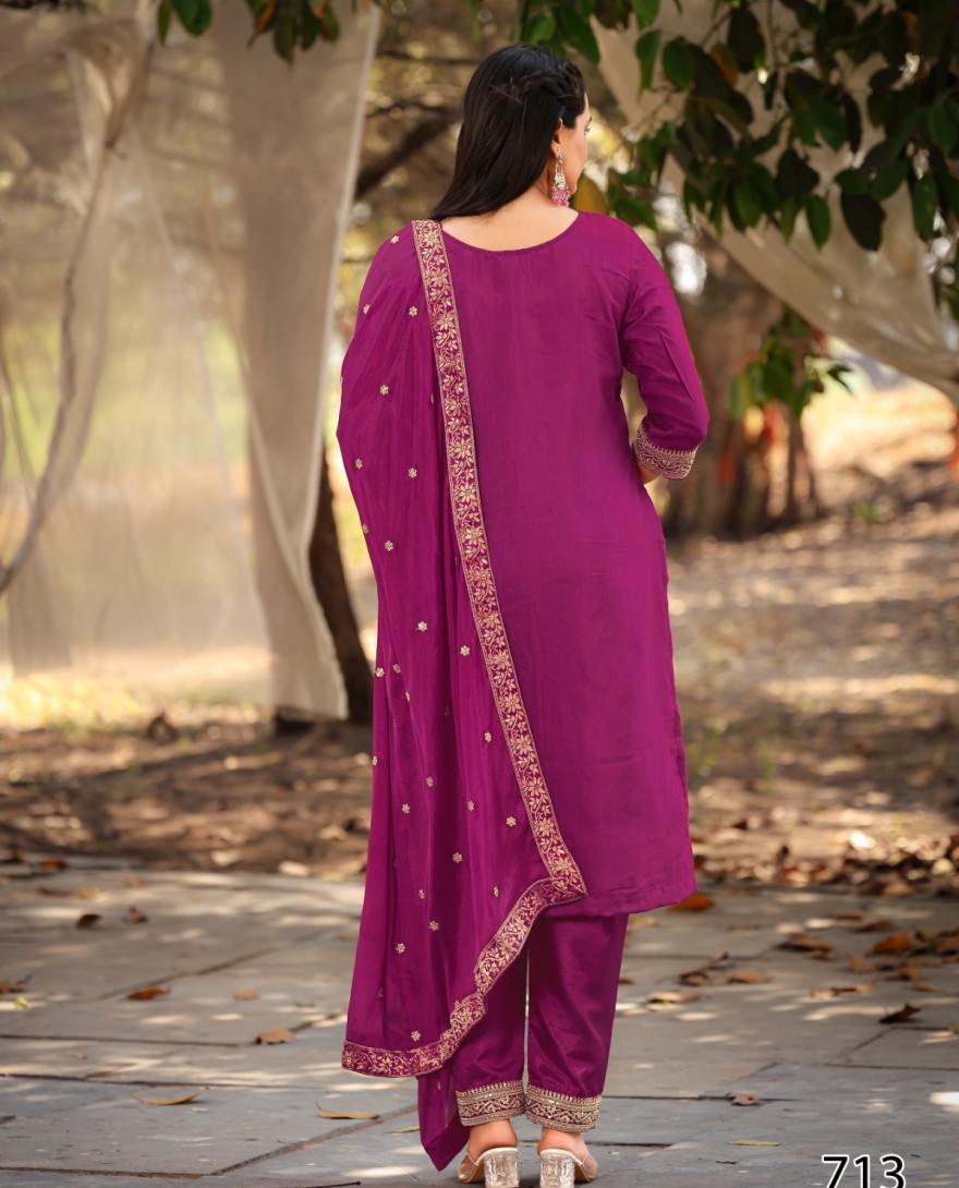 PURPLE - Purple Woven with Sequin Jacquard Straight Cut Suit Set
