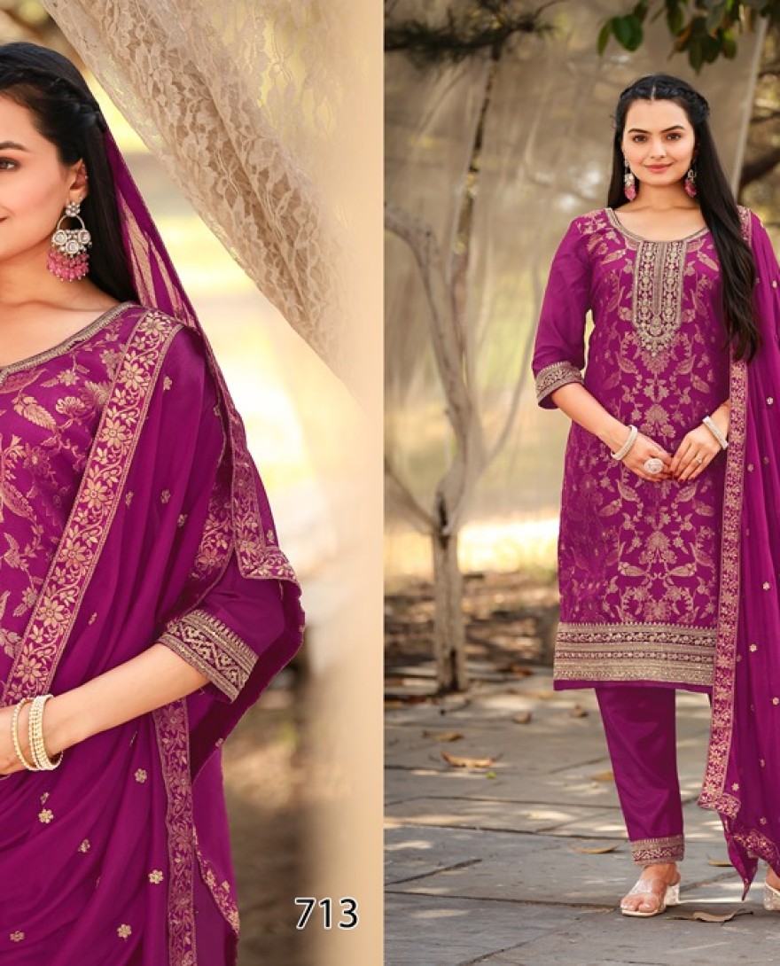 PURPLE - Purple Woven with Sequin Jacquard Straight Cut Suit Set