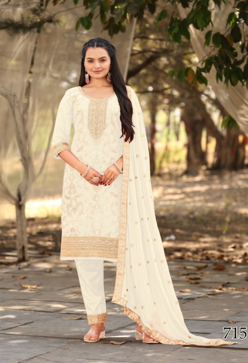 White Woven with Sequin Jacquard Straight Cut Suit Set