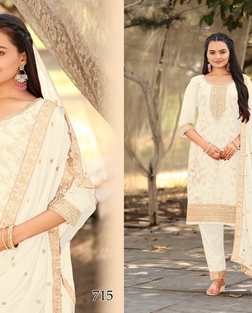WHITE - White Woven with Sequin Jacquard Straight Cut Suit Set