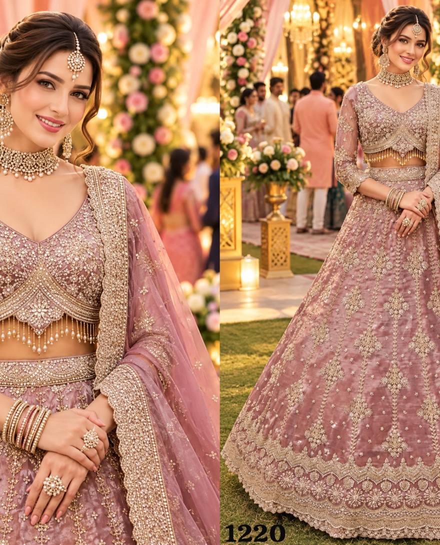 1220 - Pink Fancy Fabric Beads, Embroidered and Zari Work Readymade Lehenga Choli