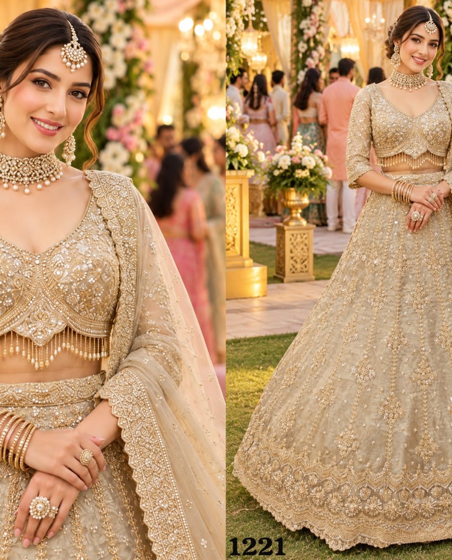 1221 - Beads, Embroidered and Zari Work Fancy Fabric Lehenga Choli In Cream for Engagement
