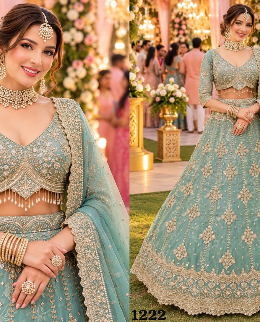 1222 - Sightly Sea Green Fancy Fabric Lehenga Choli