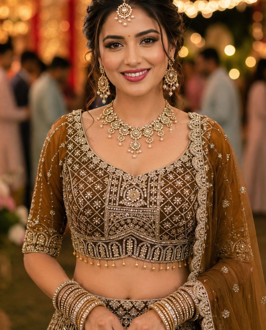 BROWN - Gold Net Lehenga Choli with Beads, Embroidered, Resham and Zari Work