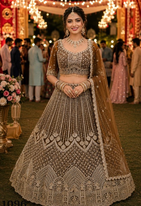 Gold Net Lehenga Choli with Beads, Embroidered, Resham and Zari Work