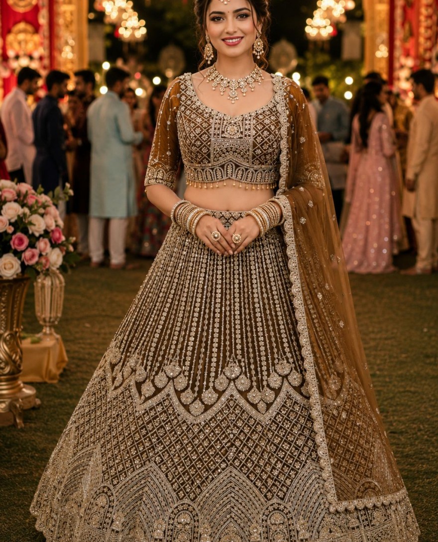 BROWN - Gold Net Lehenga Choli with Beads, Embroidered, Resham and Zari Work