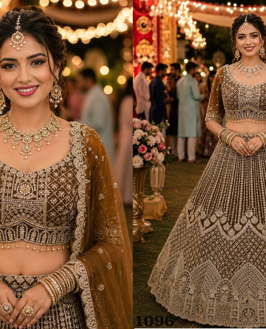BROWN - Gold Net Lehenga Choli with Beads, Embroidered, Resham and Zari Work