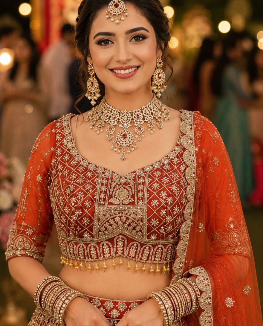 ORANGE - Blissful Orange Net Lehenga Choli