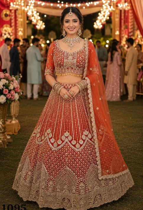 Blissful Orange Net Lehenga Choli