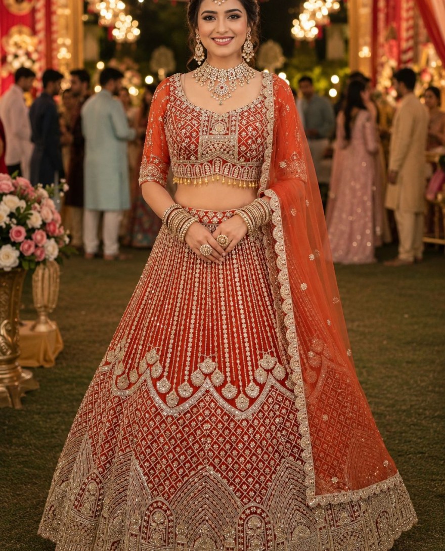 ORANGE - Blissful Orange Net Lehenga Choli