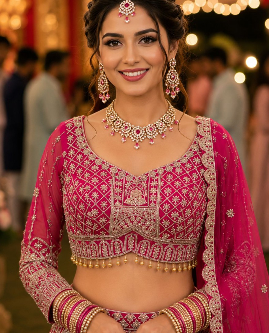 PINK - Pink Net Beads, Embroidered, Resham and Zari Work Readymade Lehenga Choli