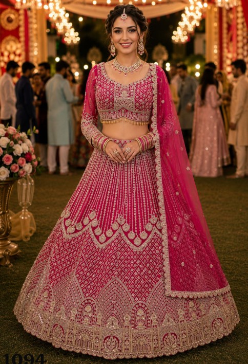 Pink Net Beads, Embroidered, Resham and Zari Work Readymade Lehenga Choli