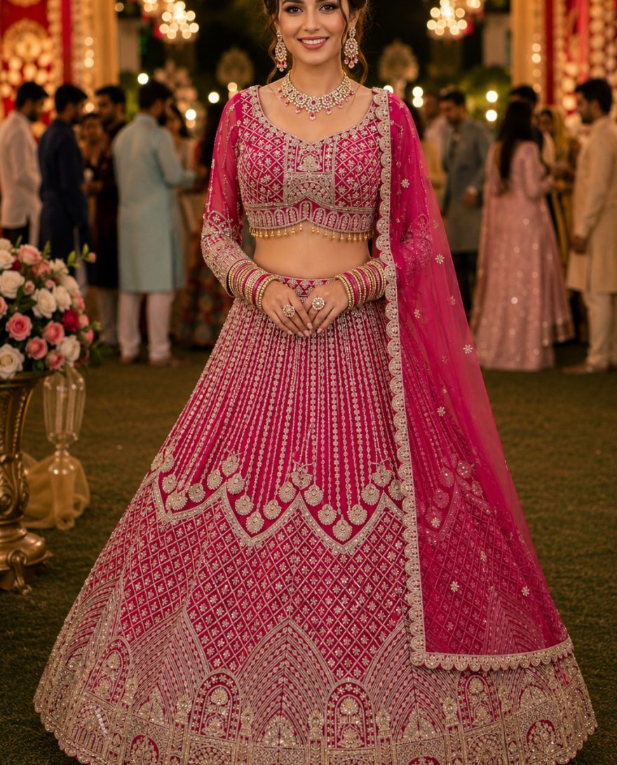 PINK - Pink Net Beads, Embroidered, Resham and Zari Work Readymade Lehenga Choli