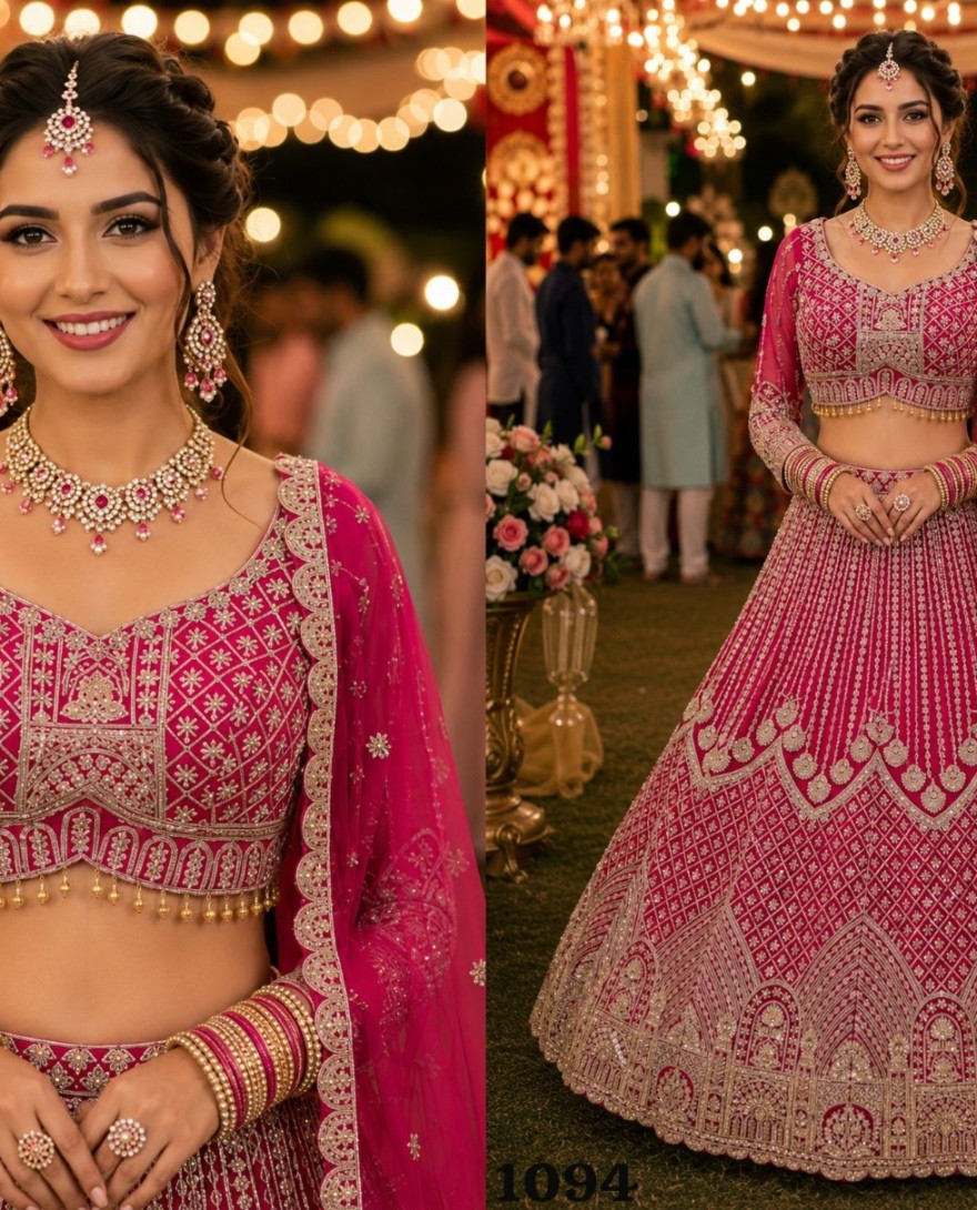 PINK - Pink Net Beads, Embroidered, Resham and Zari Work Readymade Lehenga Choli