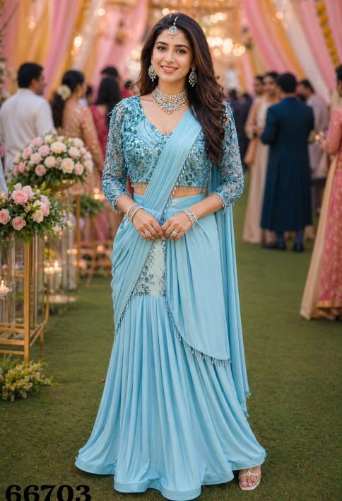 Aqua Blue Satin Classic Saree