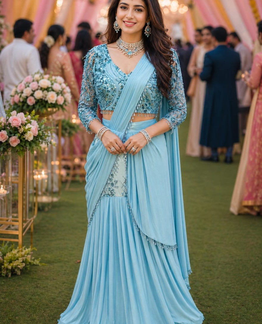 BLUE - Aqua Blue Satin Classic Saree