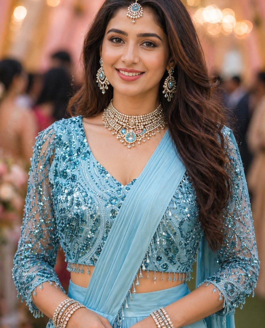 BLUE - Aqua Blue Satin Classic Saree