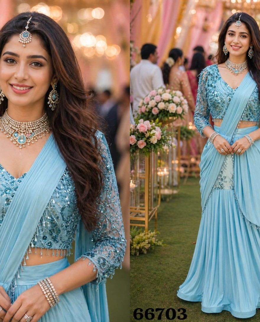 BLUE - Aqua Blue Satin Classic Saree