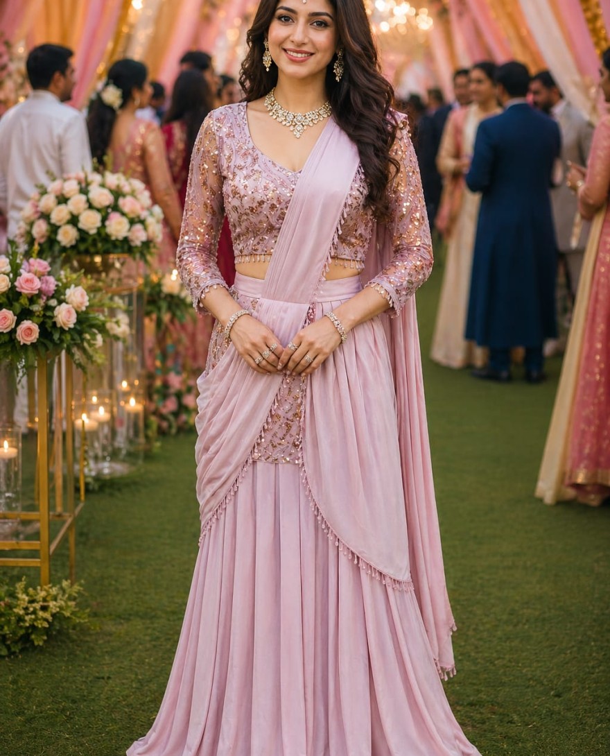 PINK - Phenomenal Pink Satin Contemporary Saree