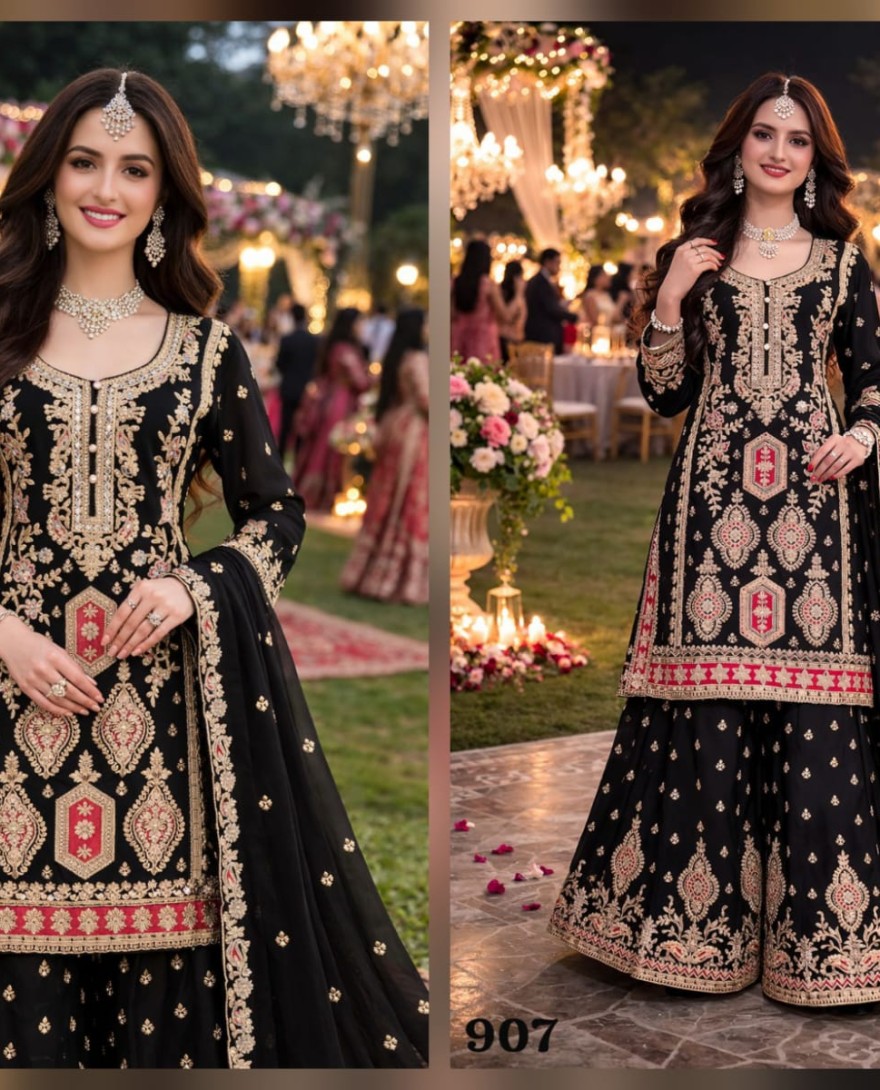 BLACK - Black Embroidered Chinnon Palazzo Kameez