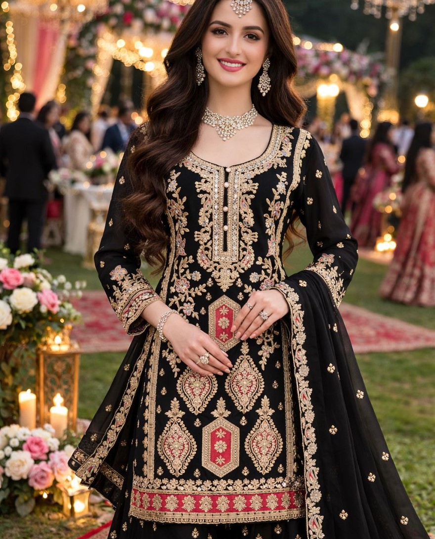 BLACK - Black Embroidered Chinnon Palazzo Kameez