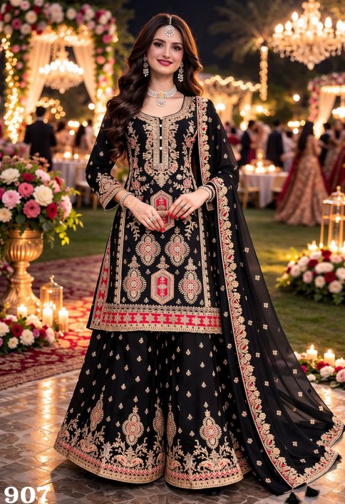 Black Embroidered Chinnon Palazzo Kameez