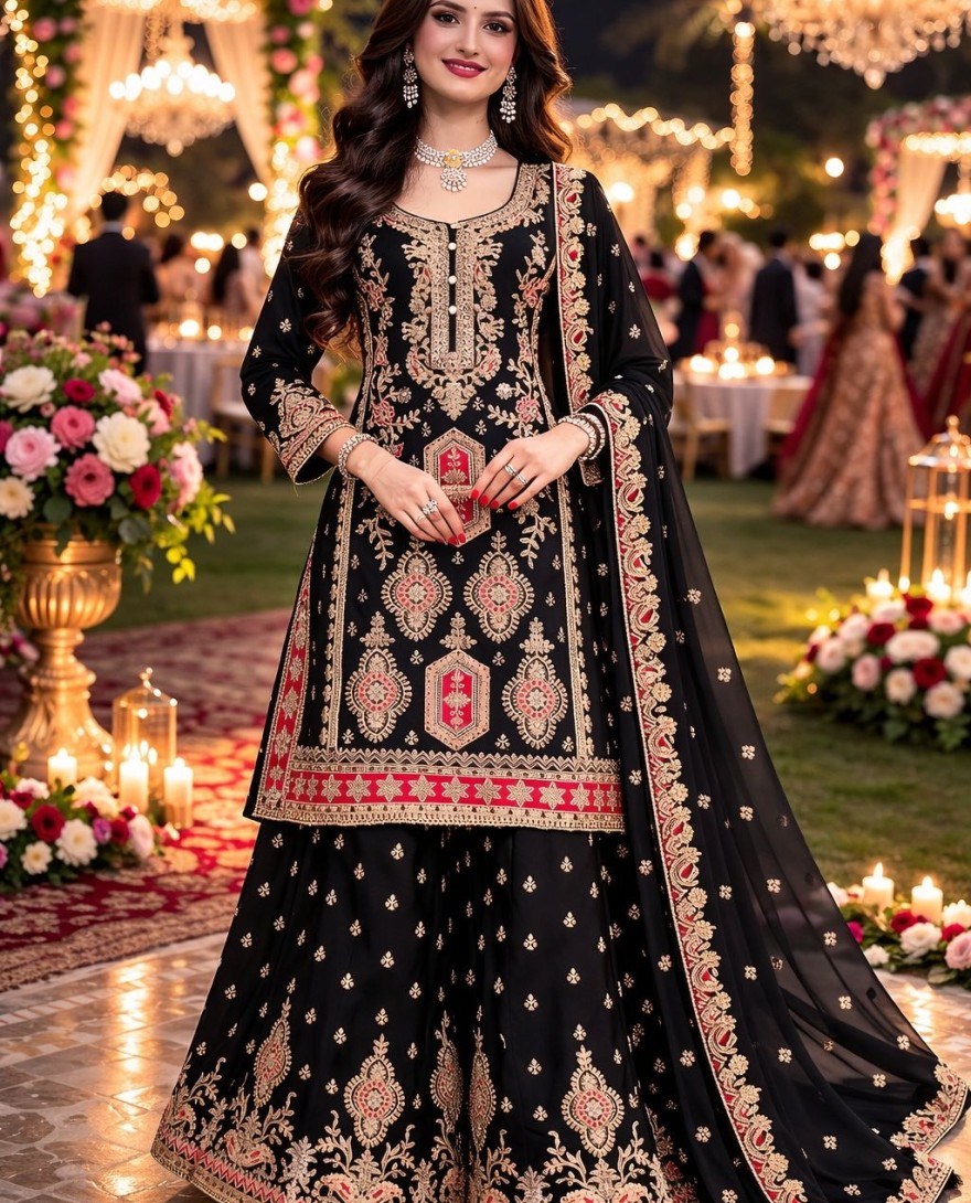 BLACK - Black Embroidered Chinnon Palazzo Kameez