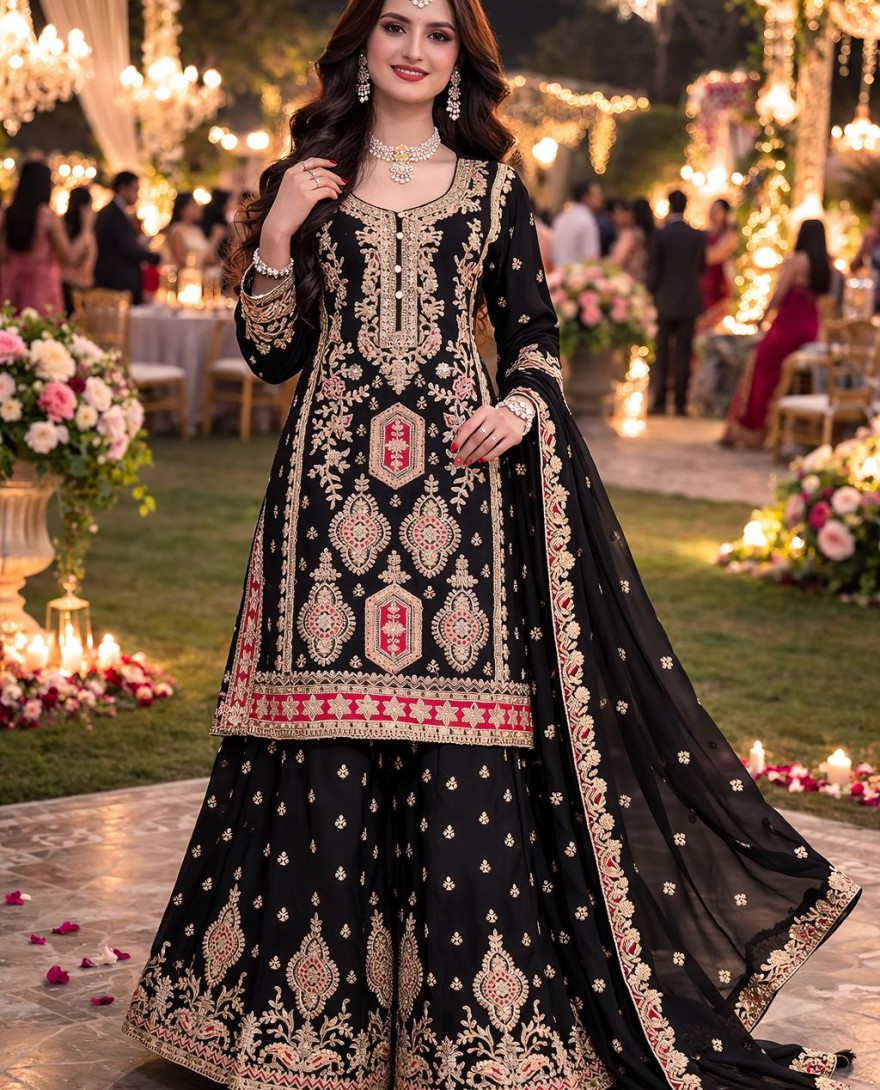 BLACK - Black Embroidered Chinnon Palazzo Kameez