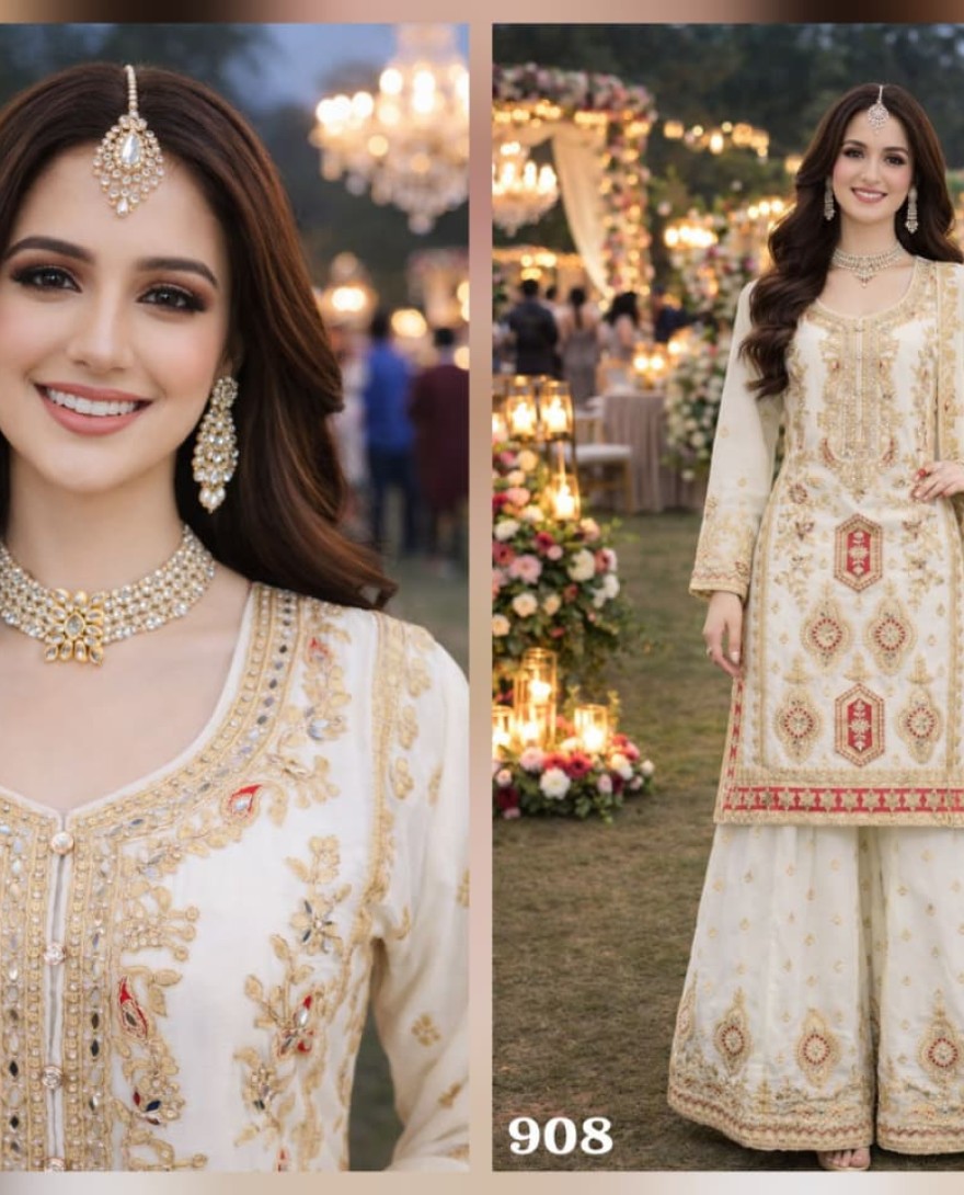 WHITE - Off White Embroidered Chinnon Palazzo Kameez