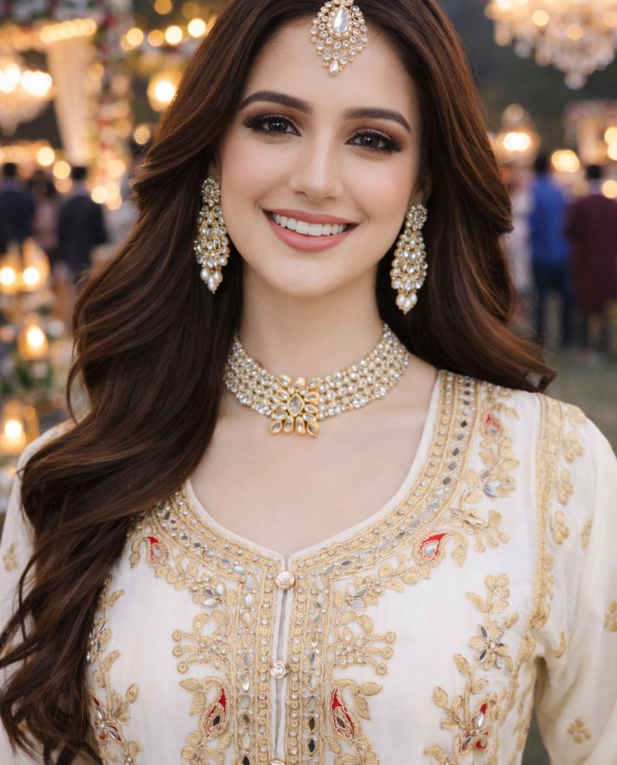 WHITE - Off White Embroidered Chinnon Palazzo Kameez