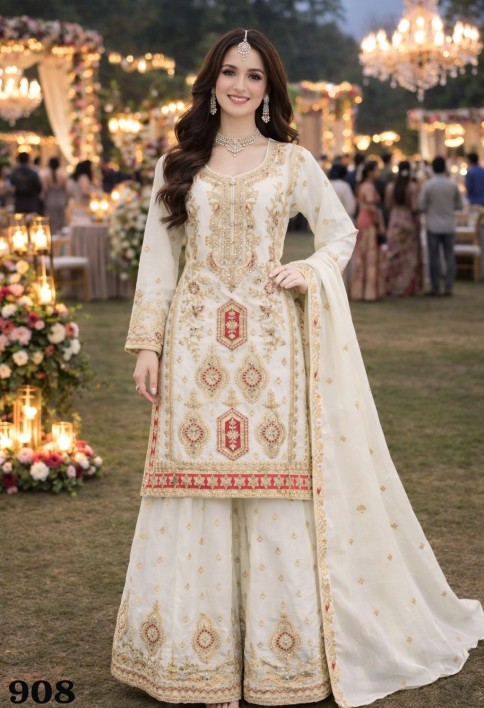 Off White Embroidered Chinnon Palazzo Kameez