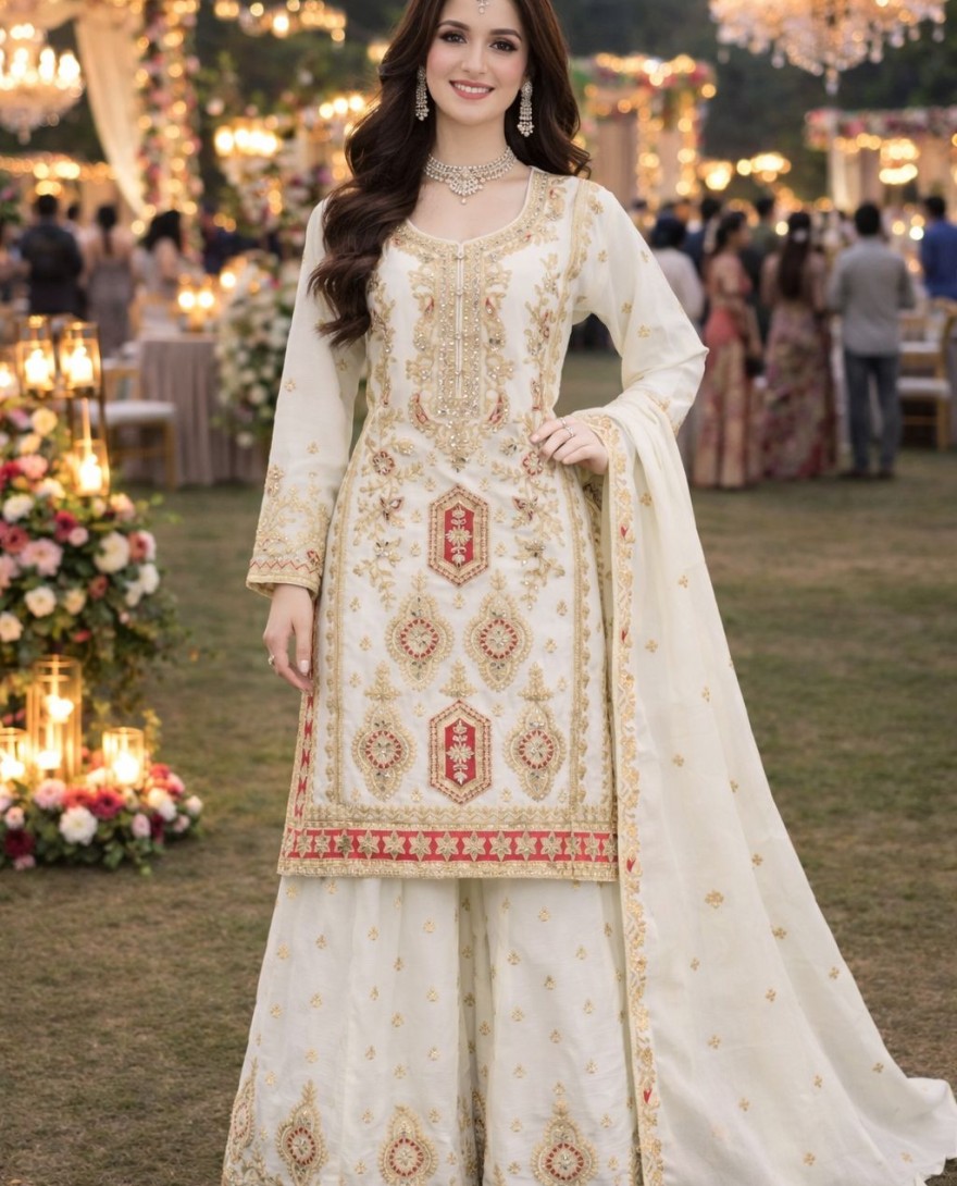 WHITE - Off White Embroidered Chinnon Palazzo Kameez