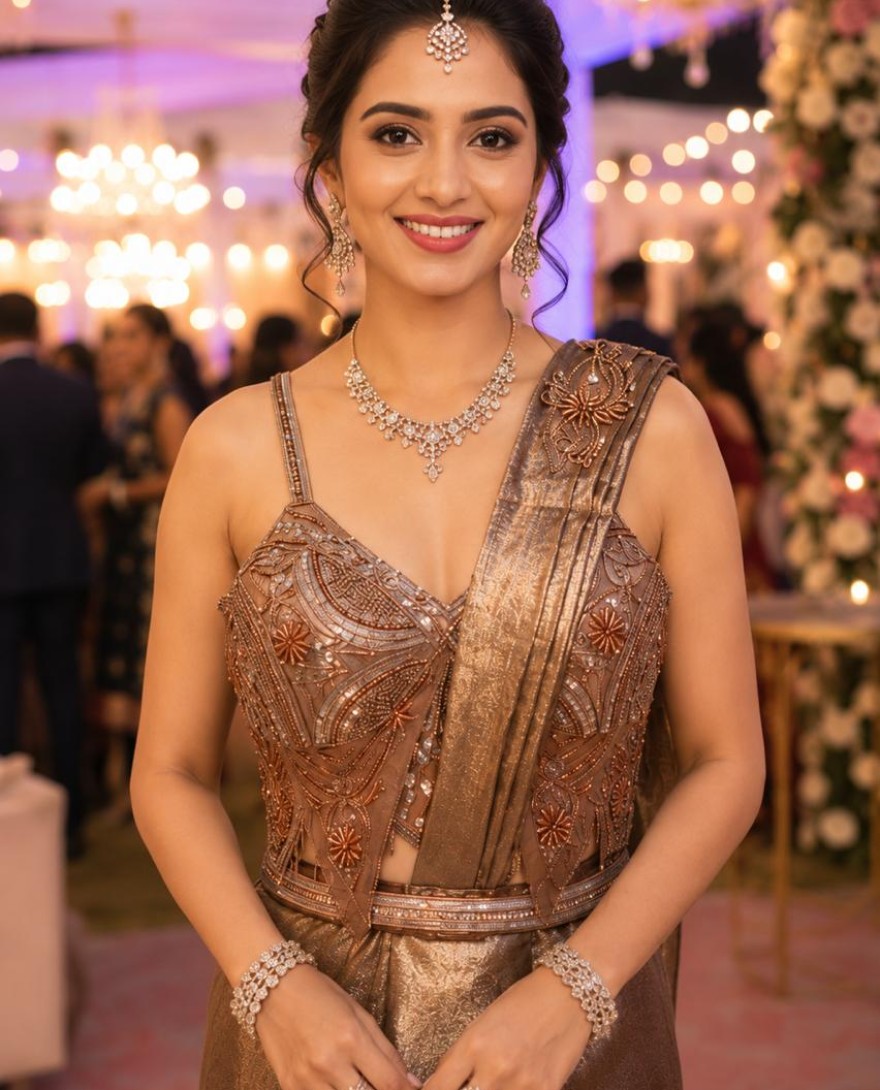 BROWN - Brown Satin Classic Sari with Embroidered Work