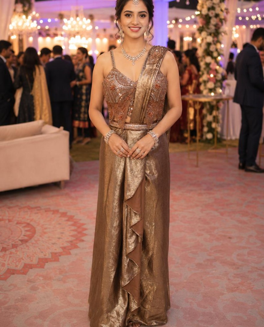 BROWN - Brown Satin Classic Sari with Embroidered Work