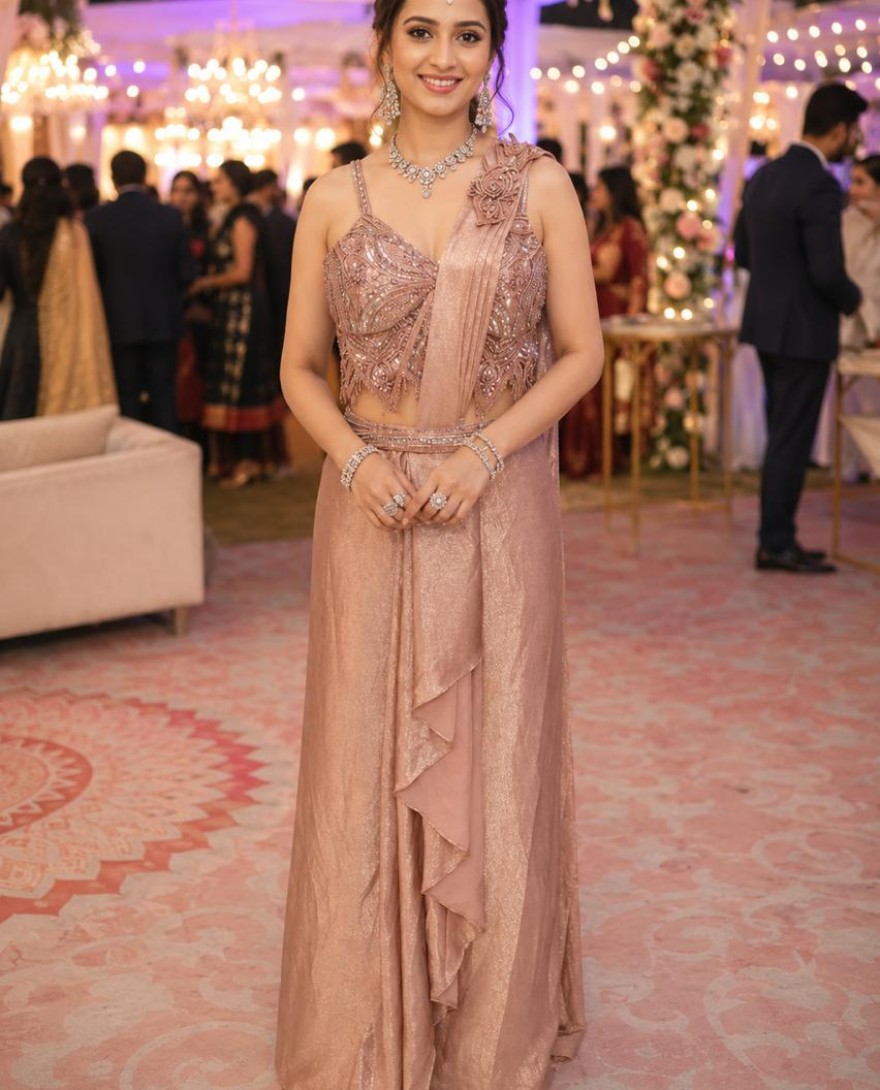 PINK - Sandwash Satin Silk Heavy Work Ready-to-Wear Saree with Stitched Blouse