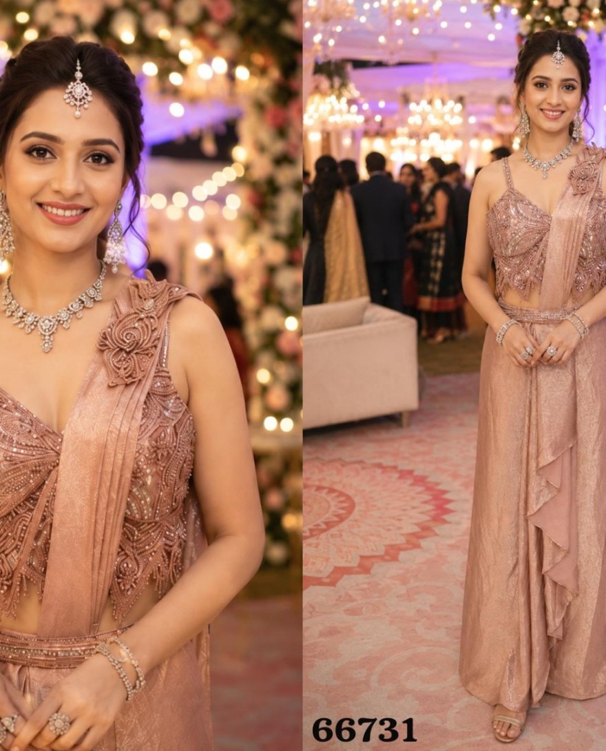 PINK - Sandwash Satin Silk Heavy Work Ready-to-Wear Saree with Stitched Blouse