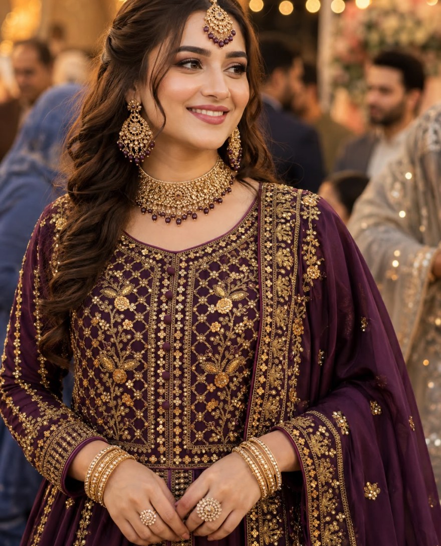 PURPLE - Wine Georgette Diamond, Embroidered and Sequins Work Readymade Lehenga Choli