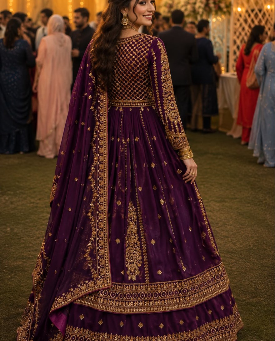 PURPLE - Wine Georgette Diamond, Embroidered and Sequins Work Readymade Lehenga Choli