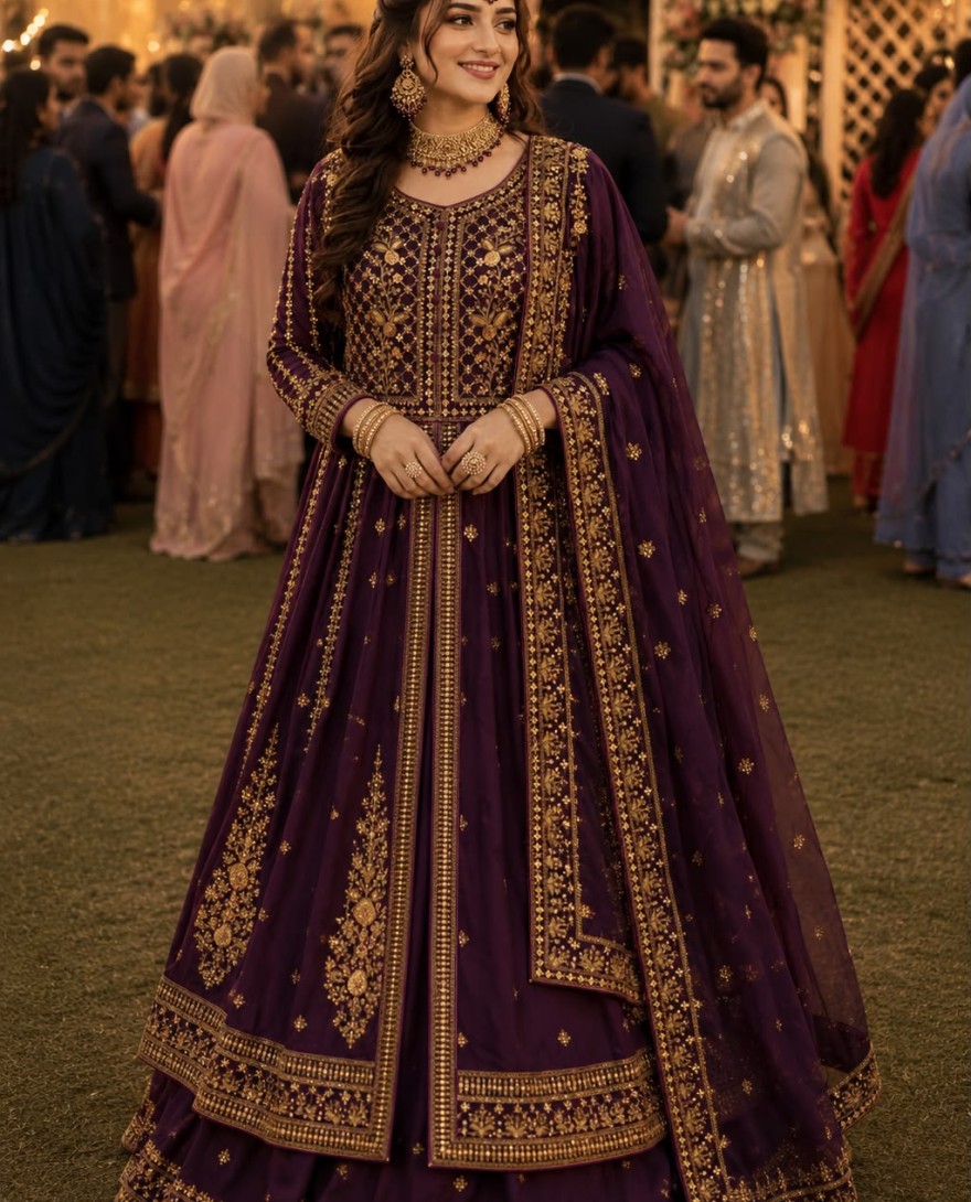 PURPLE - Wine Georgette Diamond, Embroidered and Sequins Work Readymade Lehenga Choli