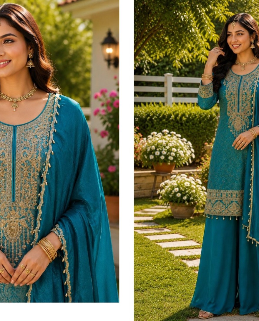 BLUE - Turquoise Embroidered Engagement Salwar Kameez