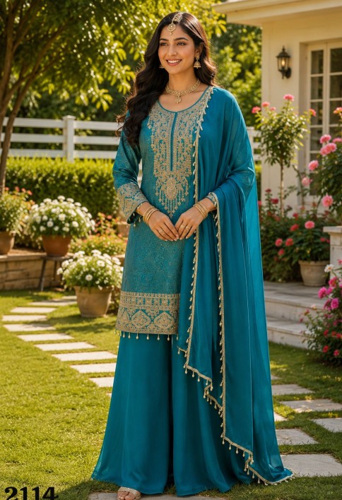 Turquoise Embroidered Engagement Salwar Kameez