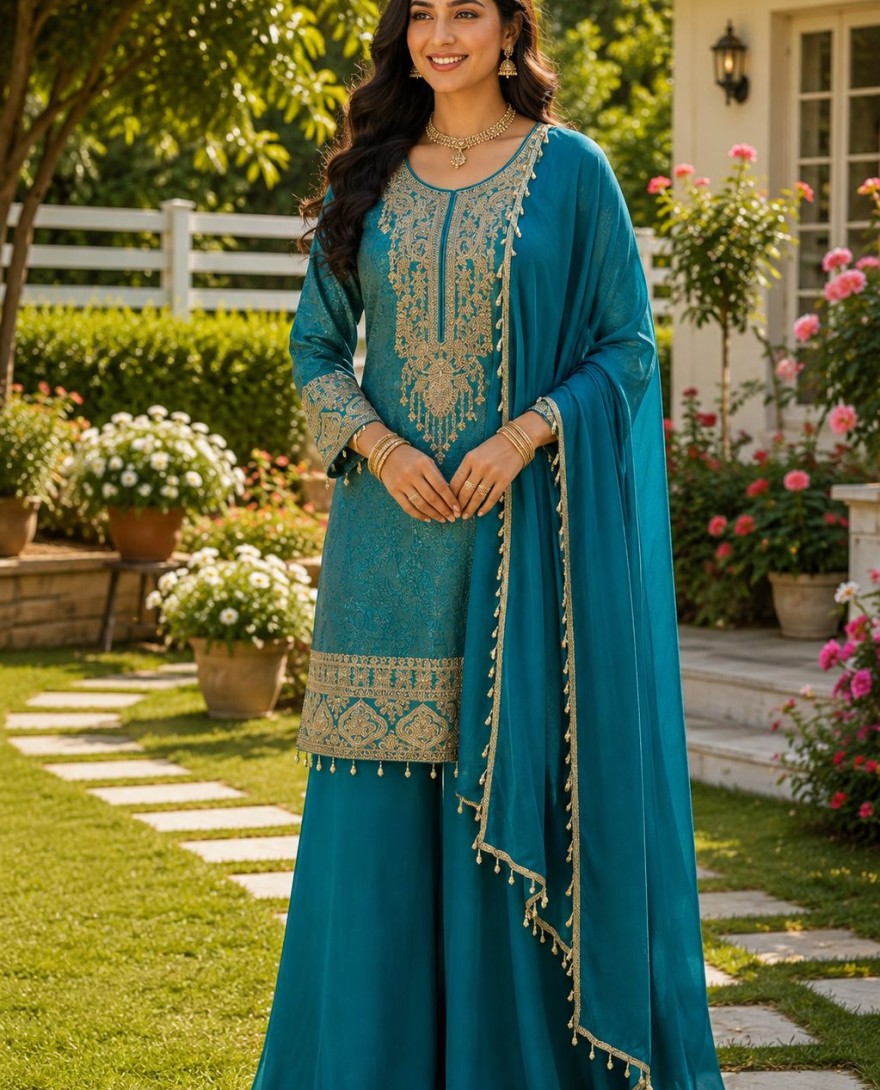 BLUE - Turquoise Embroidered Engagement Salwar Kameez