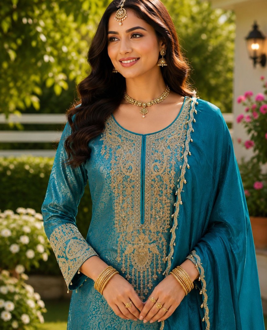 BLUE - Turquoise Embroidered Engagement Salwar Kameez