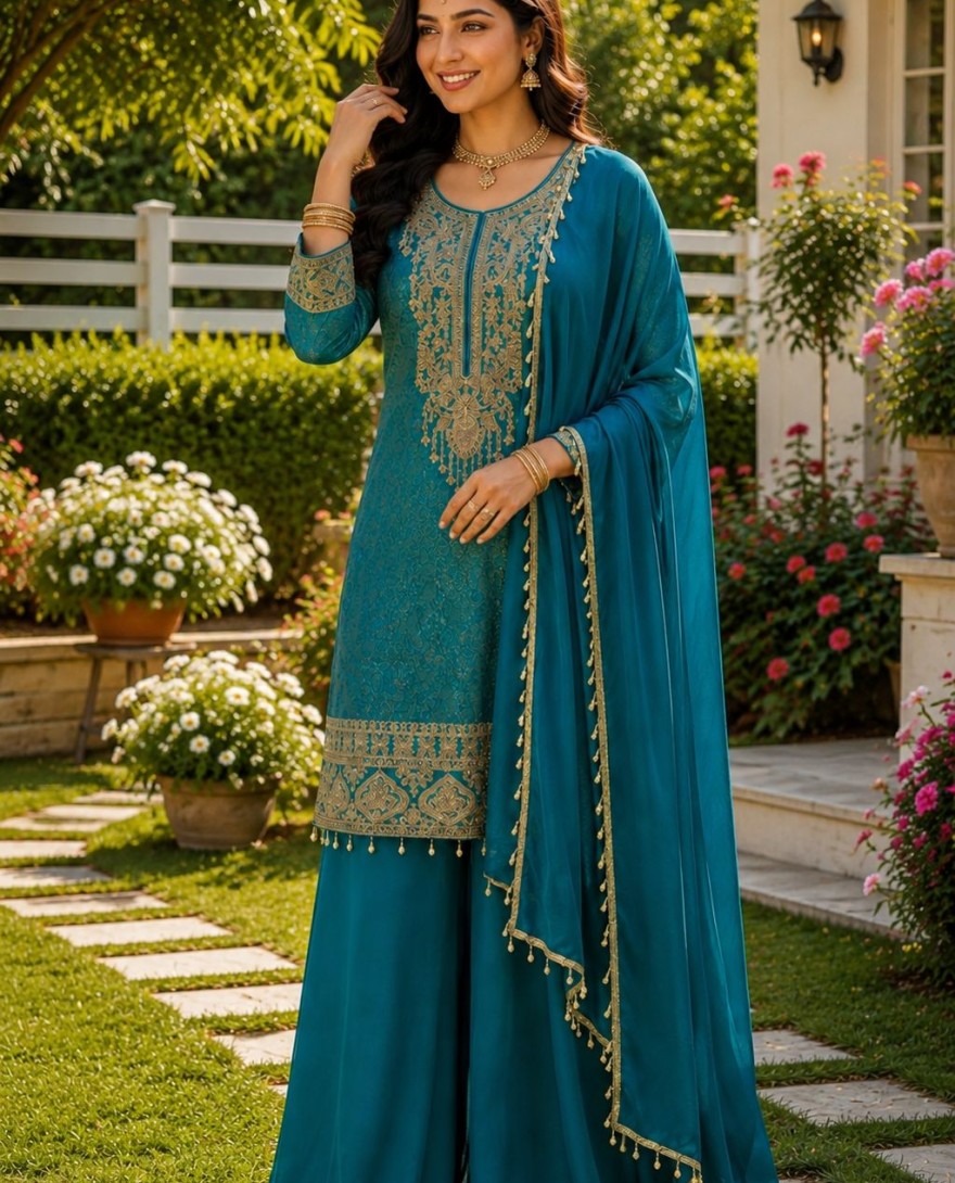 BLUE - Turquoise Embroidered Engagement Salwar Kameez