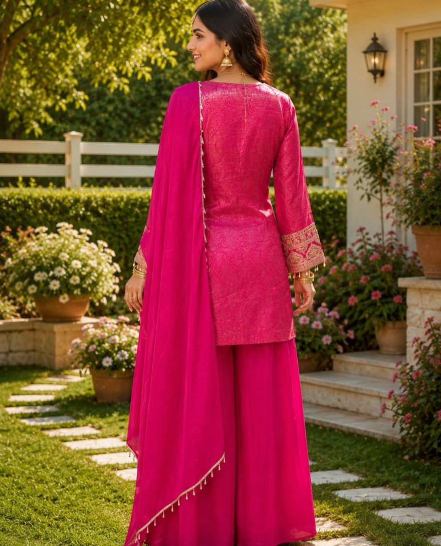 PINK - Readymade Salwar Kameez Beads Jacquard in Pink Colour