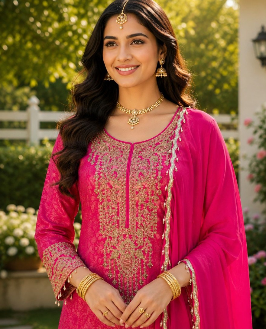 PINK - Readymade Salwar Kameez Beads Jacquard in Pink Colour