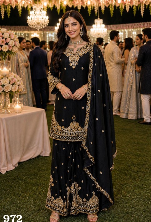 Chinon Silk Black Party Wear Embroidery Work Readymade Plazzo Suit