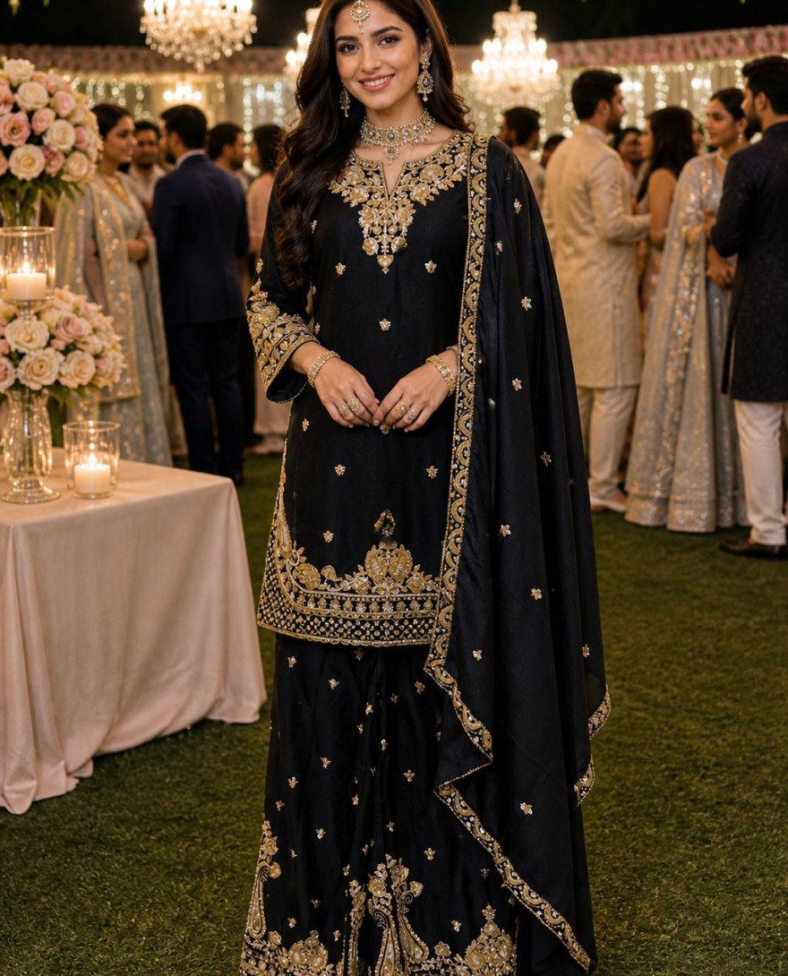 BLACK - Chinon Silk Black Party Wear Embroidery Work Readymade Plazzo Suit