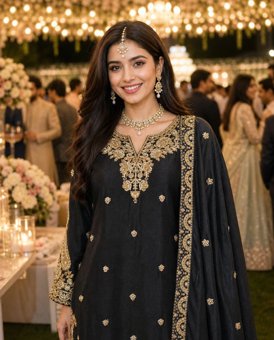 BLACK - Chinon Silk Black Party Wear Embroidery Work Readymade Plazzo Suit