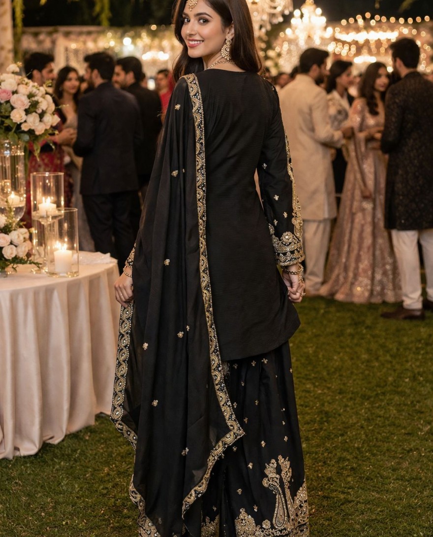 BLACK - Chinon Silk Black Party Wear Embroidery Work Readymade Plazzo Suit